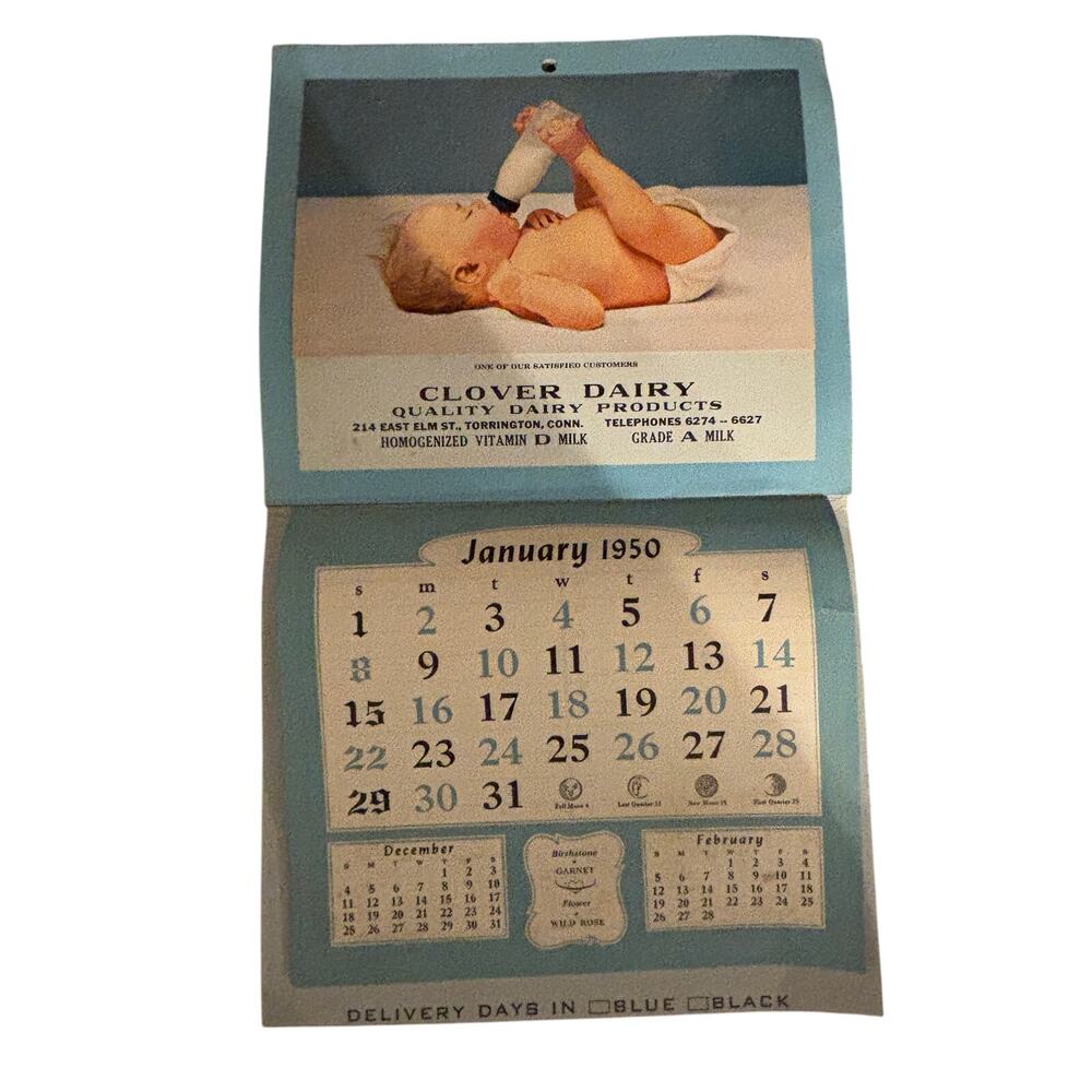 Vintage 1950 Clover Dairy Advertising Calendar Torrington CT Milk Memorabilia